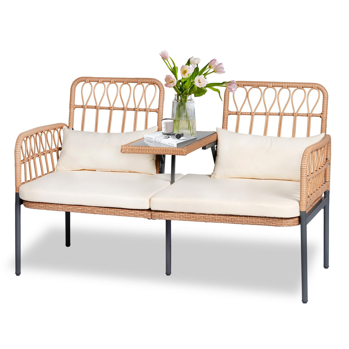 Outdoor Loveseat 2 Pieces Patio Furniture Set, Porch Furniture Wicker Large Loveseats