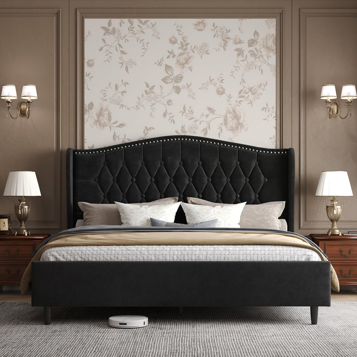 Queen Bed Frame with Upholstered Velvet Headboard - Black