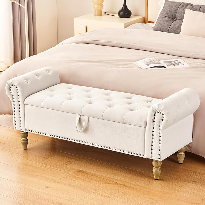 Storage Ottoman Bench for Queen Size Bed, Faux Linen Upholstered Storage Bench