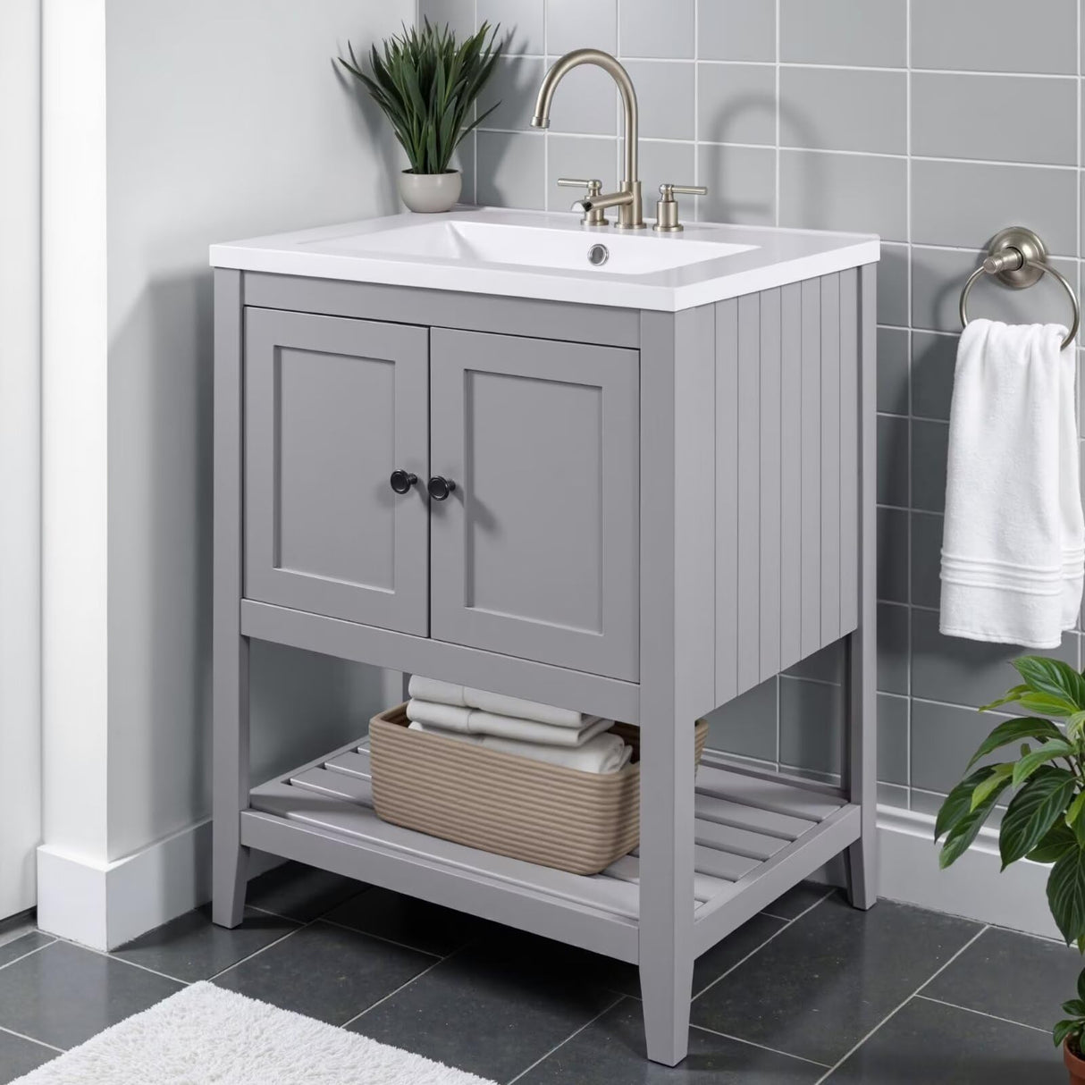 24" Bathroom Vanity with Integrated Ceramic Sink, Floor Standing Single Basin Vanity