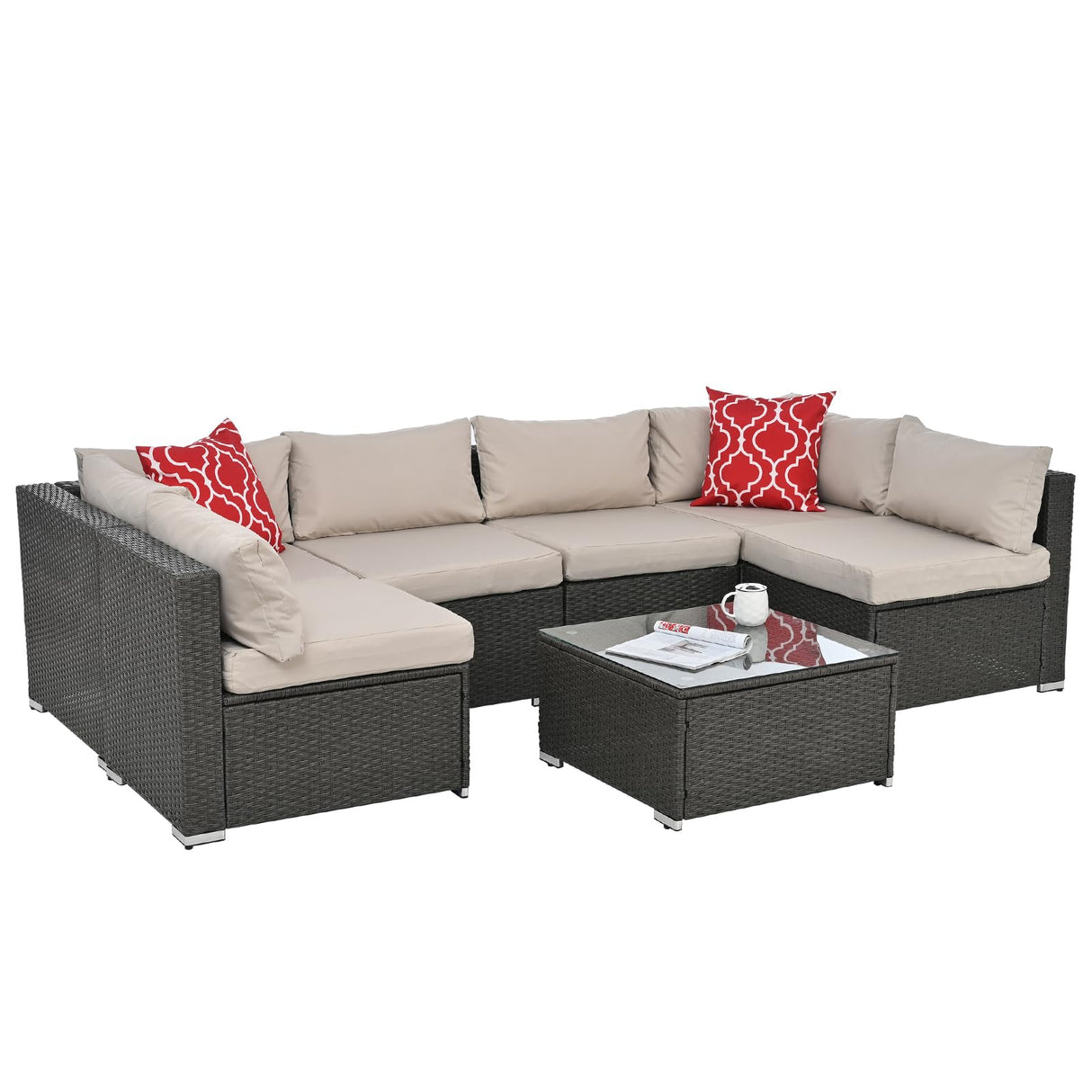 7 Piece Patio Furniture Set, All Weather Outdoor Rattan Wicker