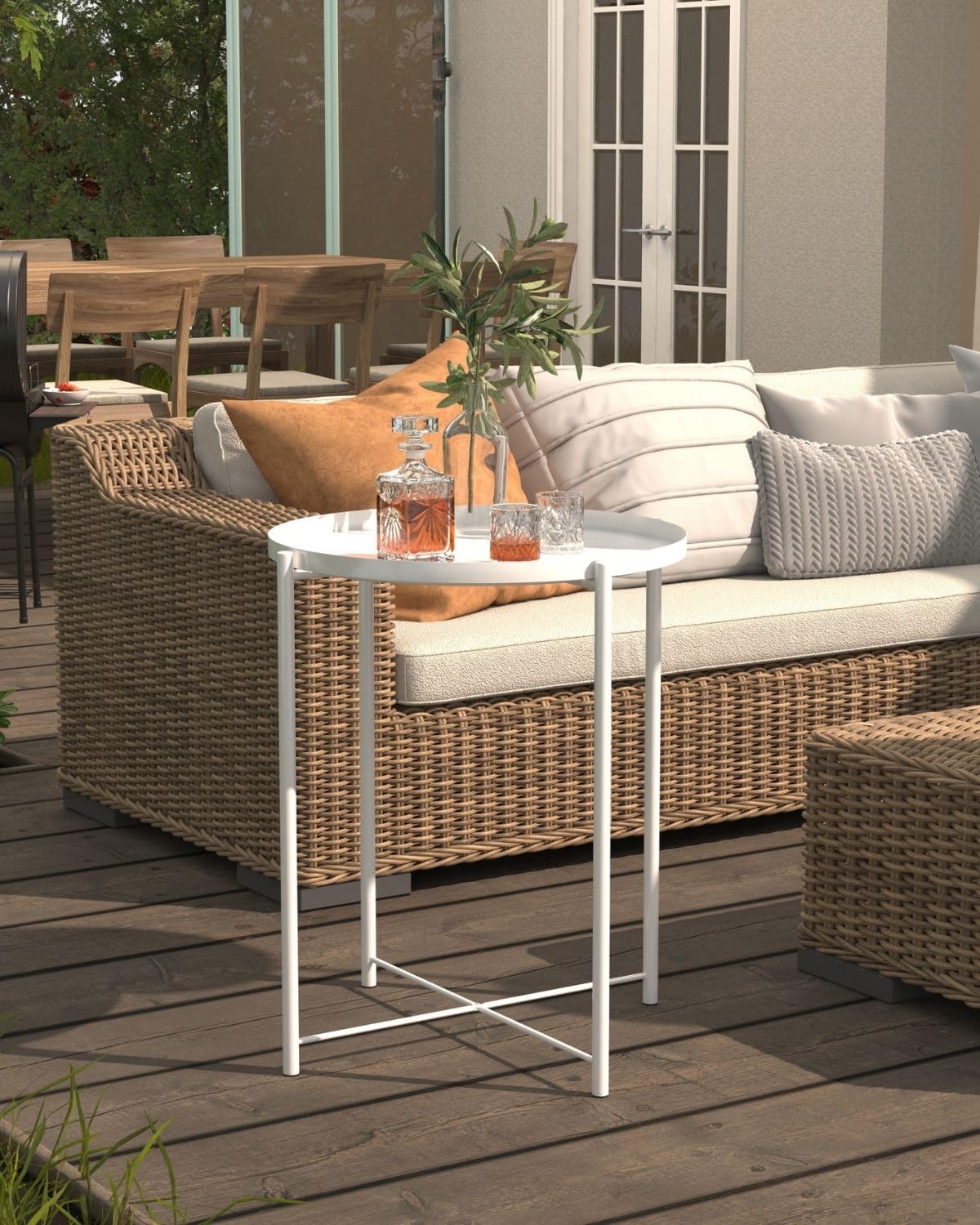 Round Small Side Table, Metal End Table with Removable Tray for Indoor Outdoor