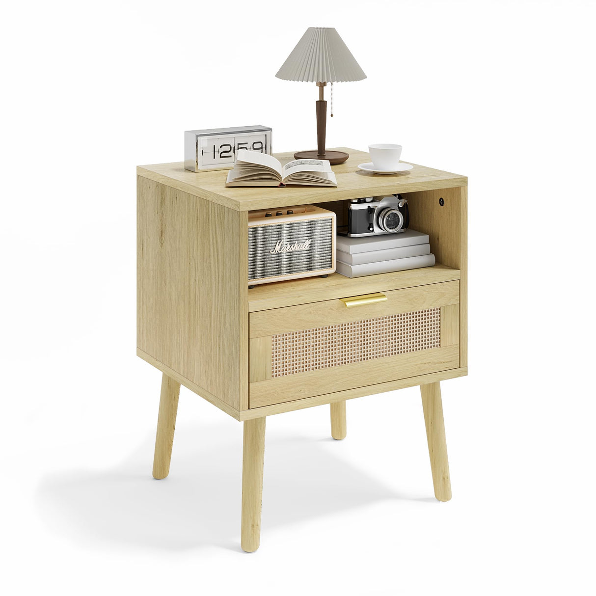 Natural Rattan Nightstand with Drawer, Boho Large Bedside Table with Open Shelf