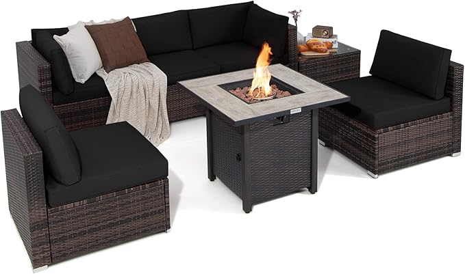 7 Piece Patio Furniture Set with Fire Pit Table, Patiojoy Outdoor PE Wicker Conversation Sectional Sofa Set