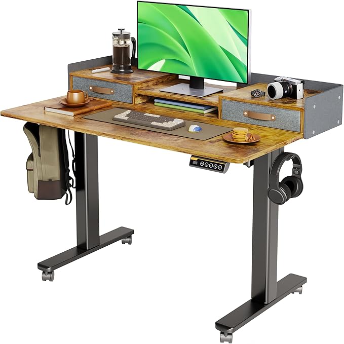 Desk with Drawers, Adjustable Height Stand up Desk with Storage Shelf, Electric Small Sit Stand Desk with Splice Board, 48 Inch, White