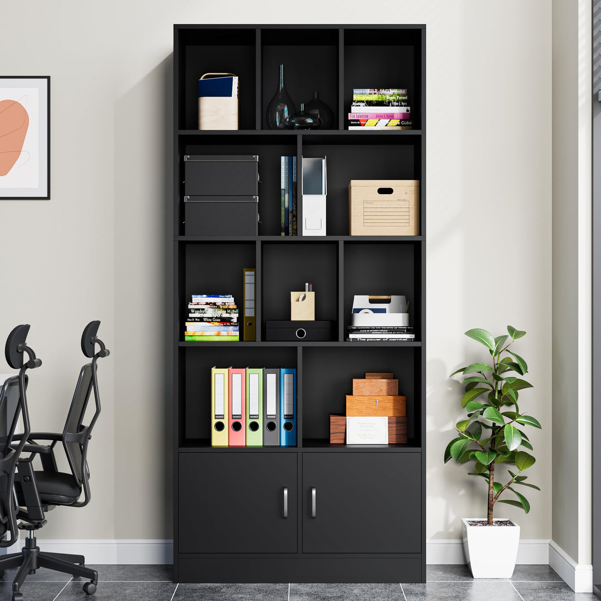 Cozy Castle 70" Tall Black Bookshelf with 12 Cubes and 2 Doors, 4-Tier Open Shelf Bookcase with Cabinet, Modern Cube Storage Organizer for Living Room, and Office