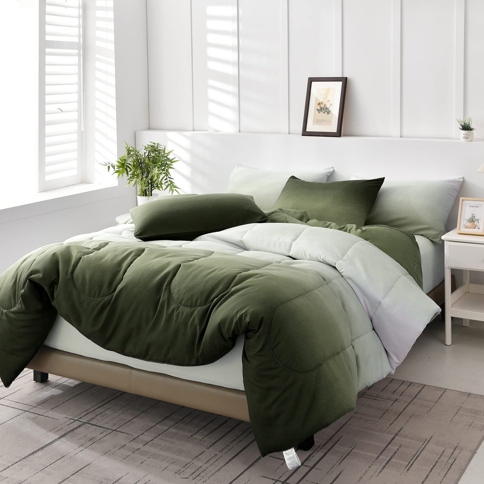 Comforter Set Queen Green 7 Pieces Gradient Olive Green Lightweight Bed in a Bag Queen Size Set