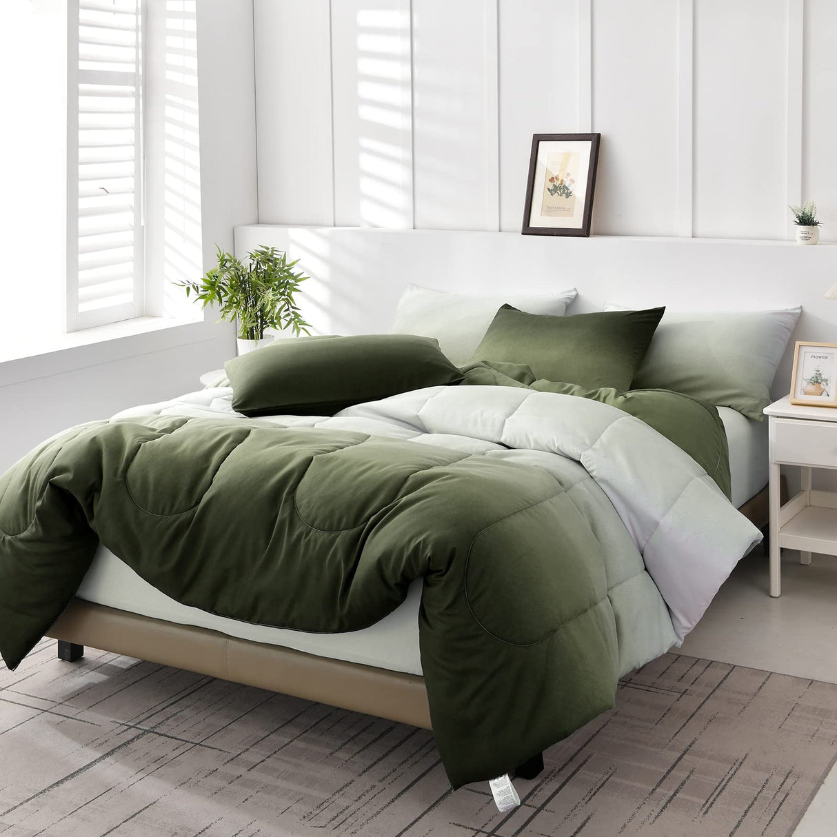Comforter Set Queen Green 7 Pieces Gradient Olive Green Lightweight Bed in a Bag Queen Size Set