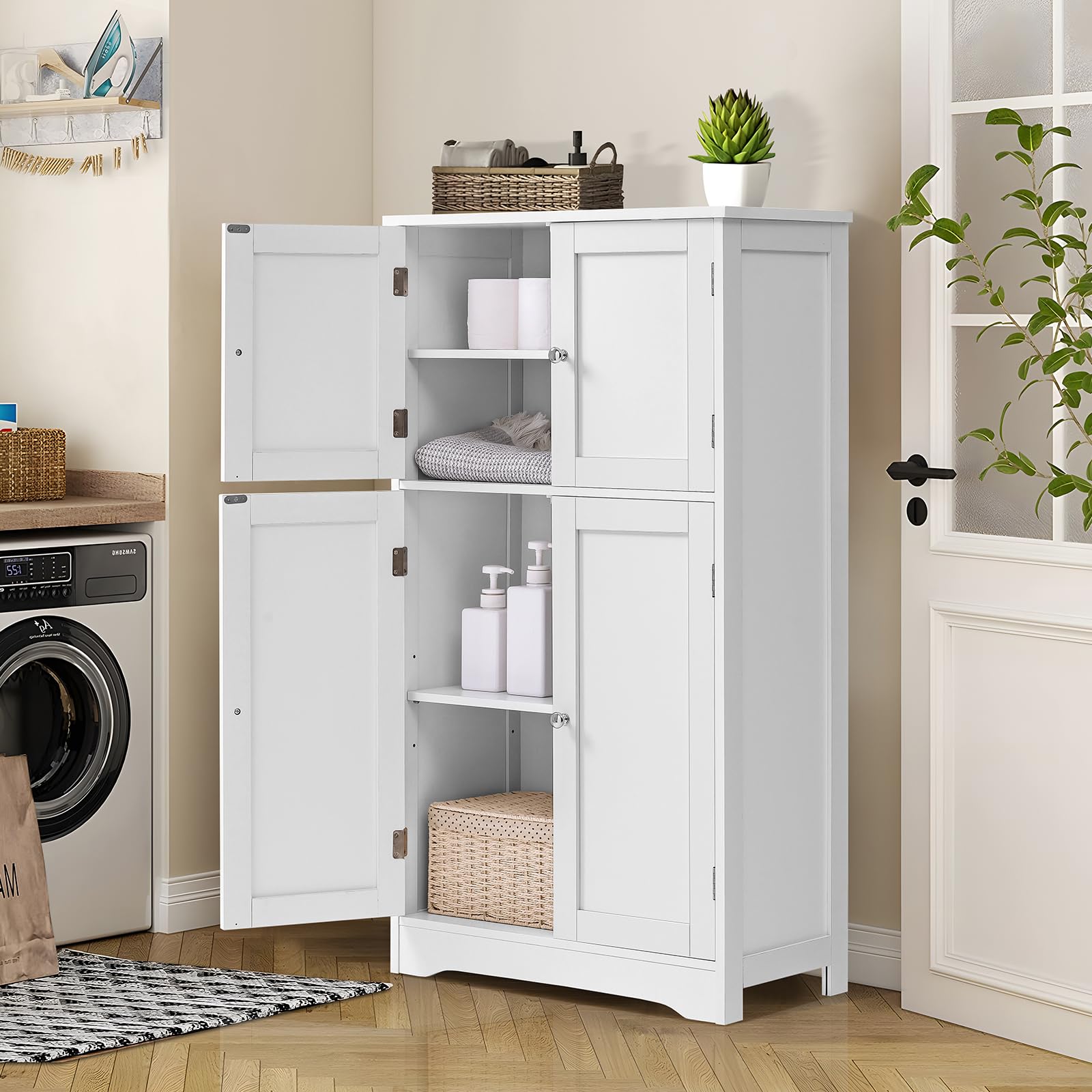 Cabinet, Storage Cabinet with 2 Adjustable Shelves, Bathroom Floor Cabinet with 4 Doors,