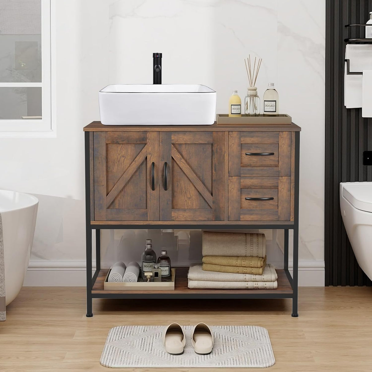 YOURLITE Bathroom Vanity, 36" Bathroom Vanity with Sink Combo Set, Dark Brown Modern Wood Bathroom Cabinet with White Ceramic Bathroom Sink