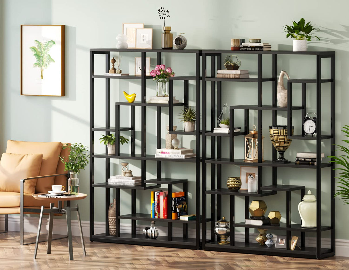 Black Bookshelf 47” Bookcase 9 Tier Tall Book Shelf Rustic Geometric Bookcase Display Shelf Organizer with Open Storage Shelf for Living Room, Industrial Wood Metal Bookshelf for Office