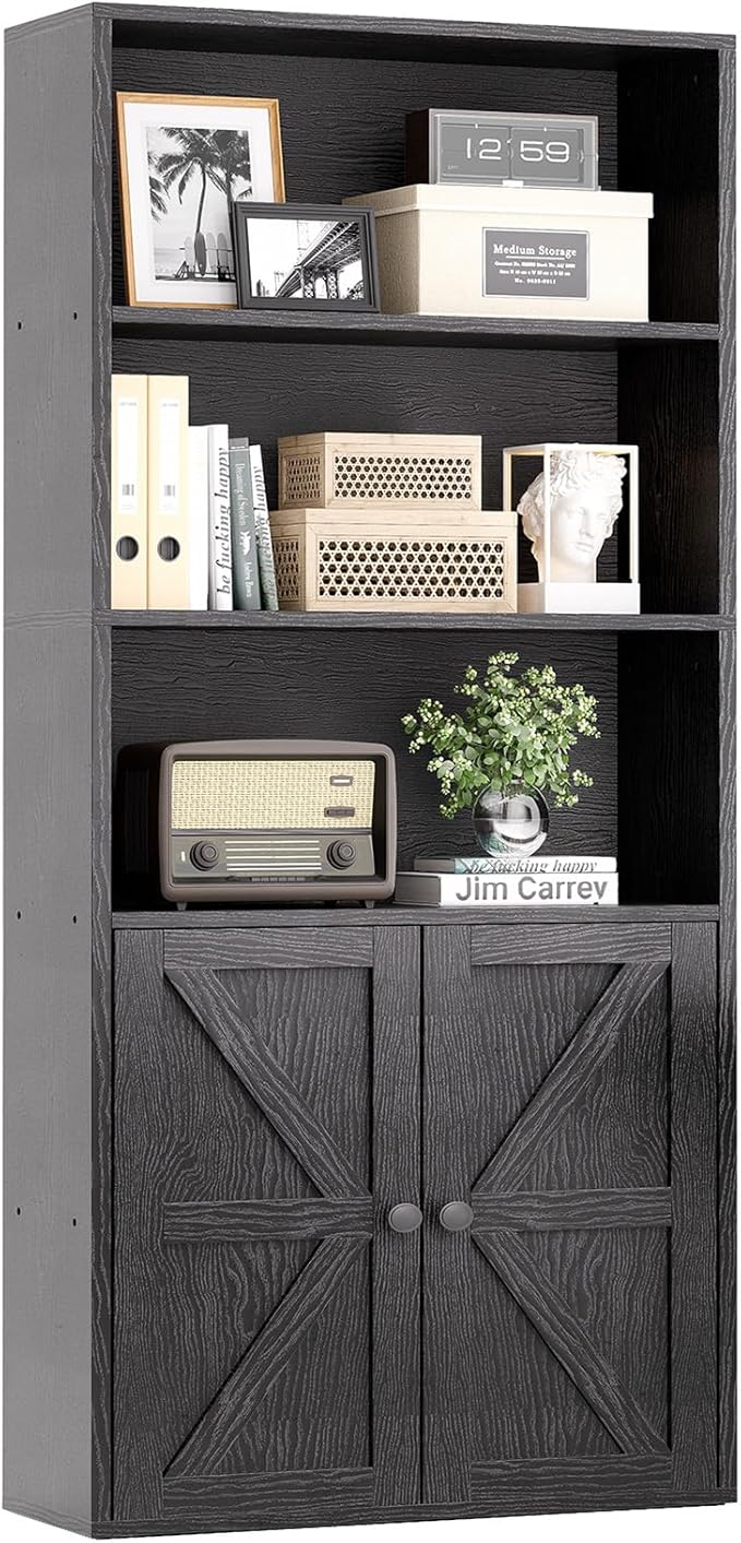 oneinmil 5-Tier Bookshelf with Storage, Wooden Bookcase with Cabinet Doors, Floor Bookshelves and Office Storage Cabinets for Home Office, Living Room (White, 5-Tier)