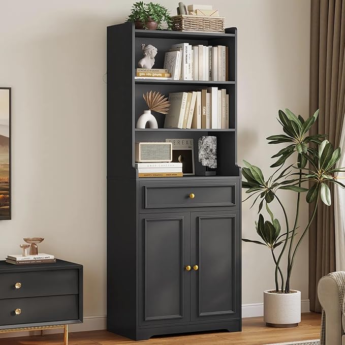 73.23'' Tall Storage Cabinet Bookcase with 3 Drawers and 3-Tier Open Shelves Wooden Bookshelf Kitchen Pantry