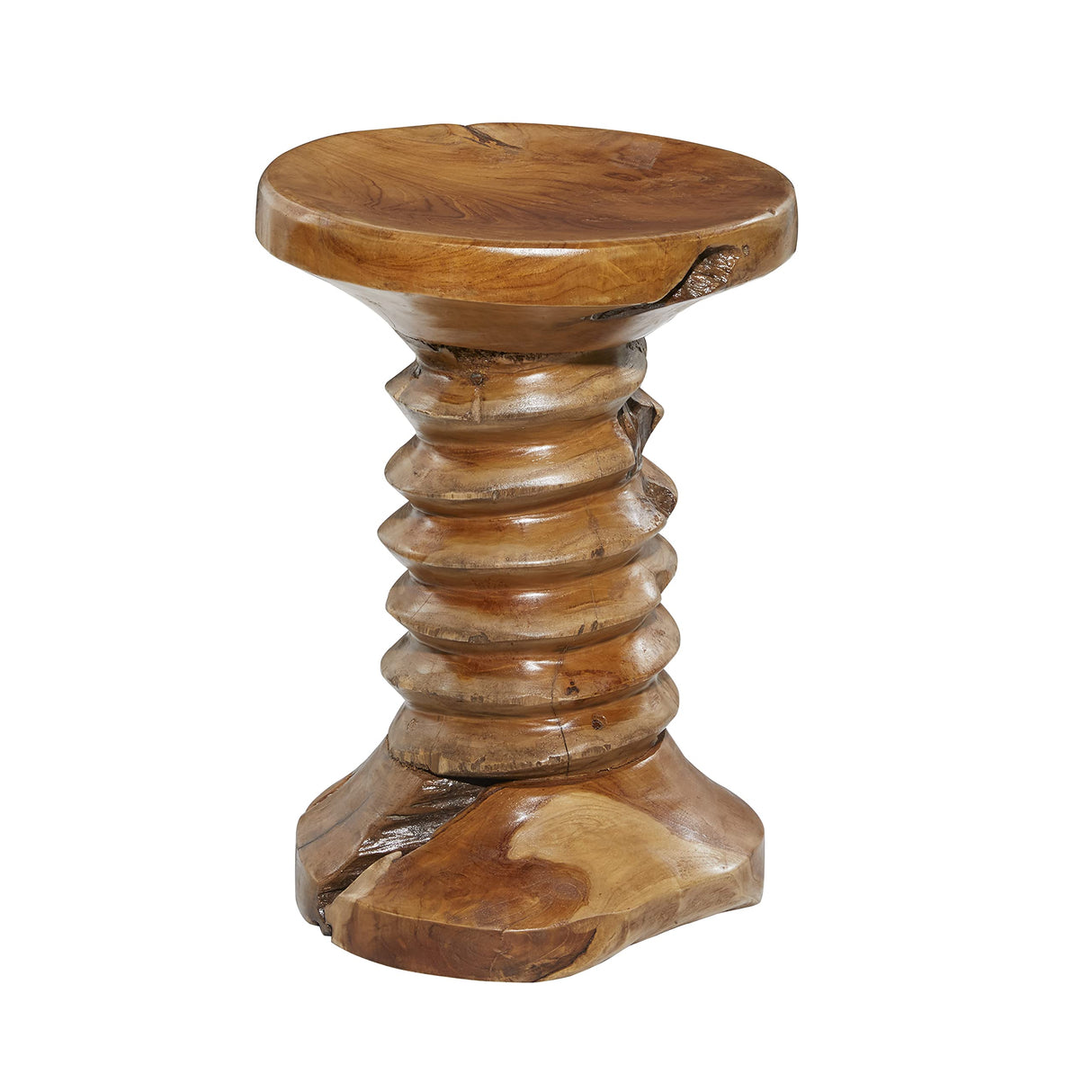 Teak Wood Handmade Live Edge Accent Table with Coiled Base, 13" x 13" x 19", Brown