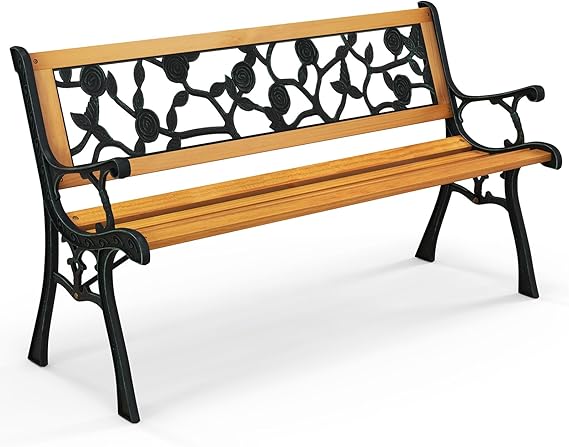 Outdoor Garden Bench Park Bench, Patio Bench Chair with Cast Iron & Hardwood Structure