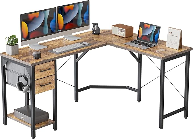 L Shaped Computer Workstation with Storage Drawers and Bookshelves