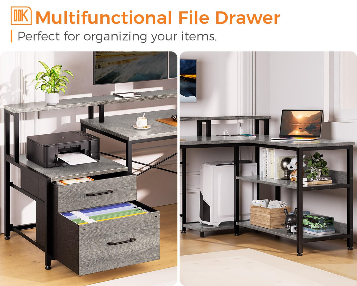 ODK L Shaped Desk with File Drawer, 75" Reversible L Shaped Computer Desk with Power Outlet & LED Strip, Office Desk with Storage Shelves, Gaming Desk with Monitor Shelf, Corner Desk, Grey Oak