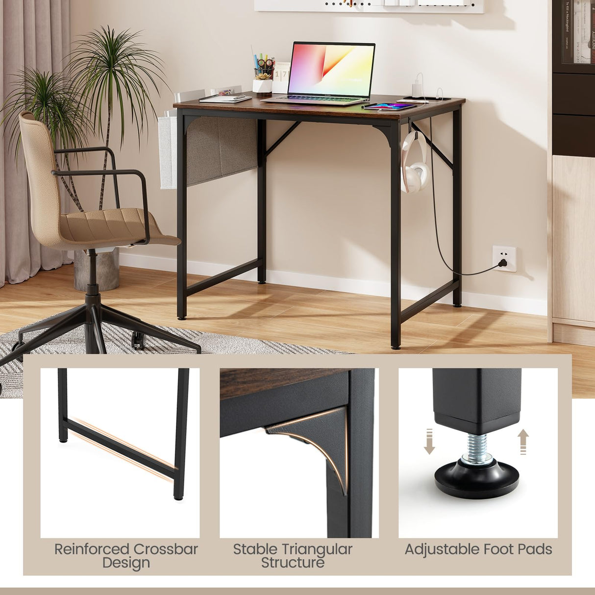 Home Office Desk, 32 Inch Computer Desk with Recessed Power Strip, Storage Bag & Headphone Hook