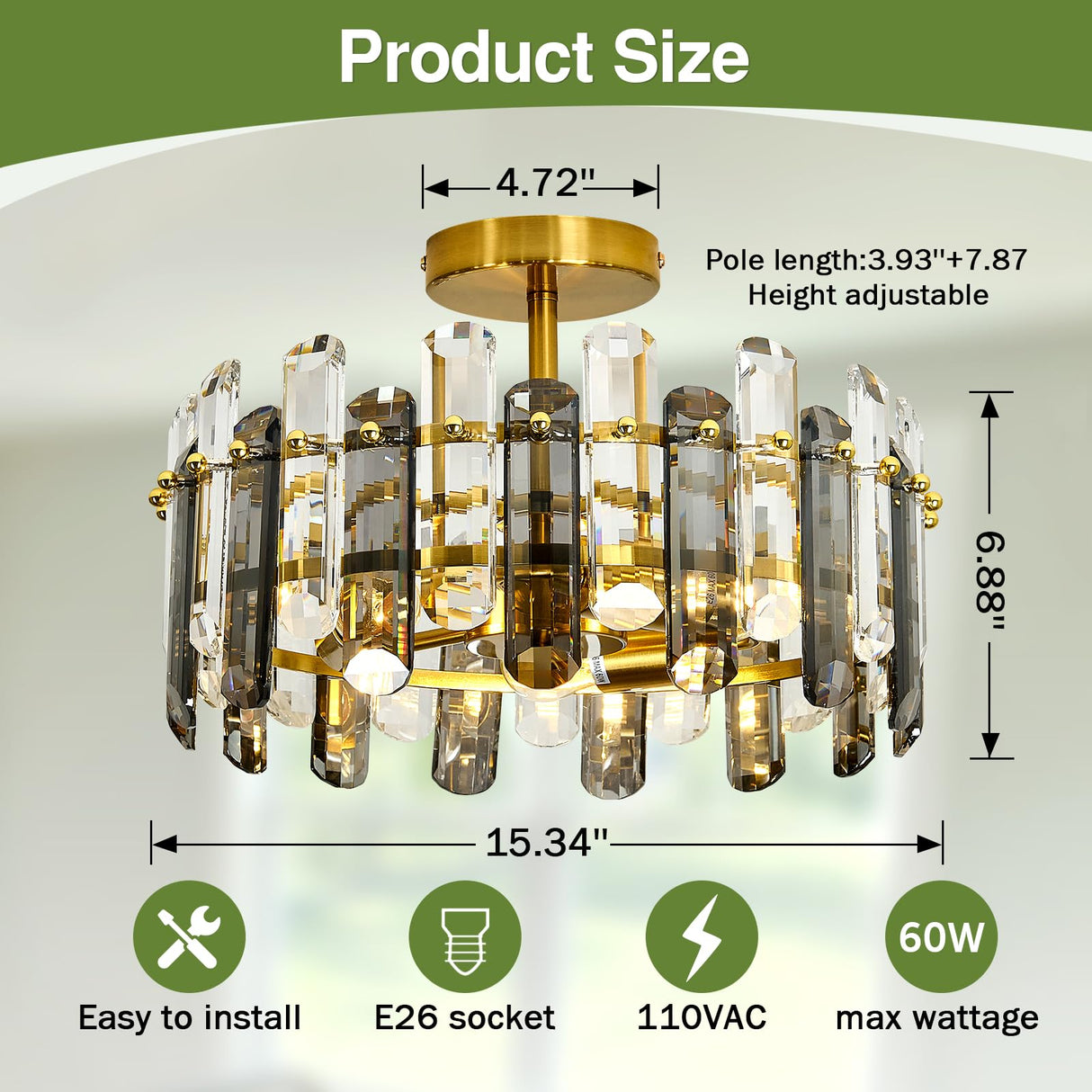 Light Crystal Ceiling Light Fixture Modern Gold Semi Flush Mount Ceiling Light Metal Close