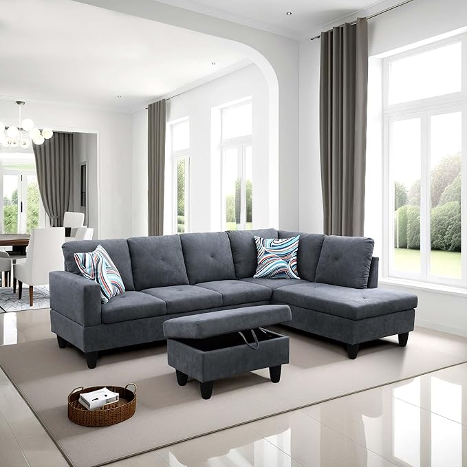 Linen L Shaped Sectional Couches with Storage Ottoman,3-Piece Living Room Sofa Set