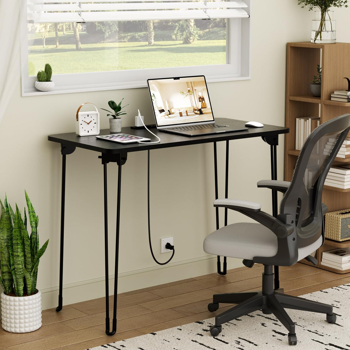Folding Desk, 31.5" Hairpin Legs Small Desk with Power Strip for Bedroom