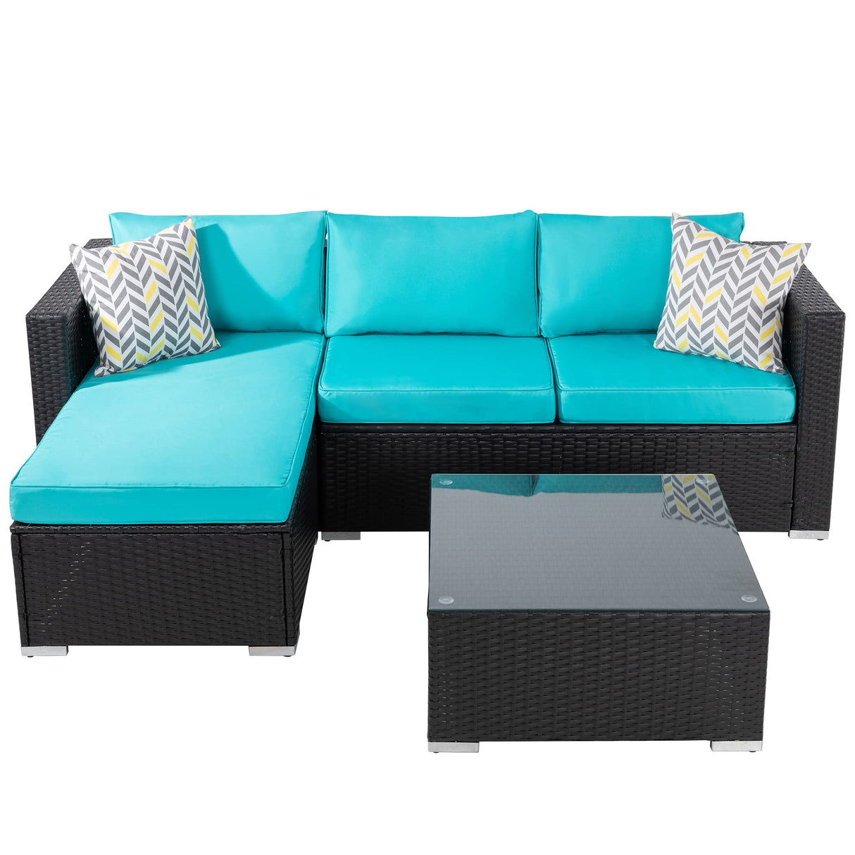 3-Piece Blue Wicker Patio Sofa Set with Rocking Bistro Chairs