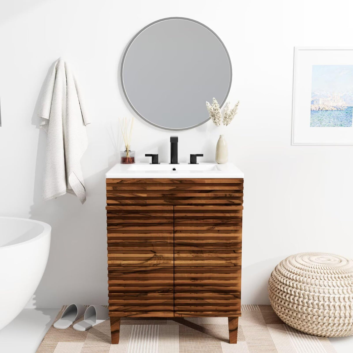 24" Nature Acacia Wood Bathroom Vanity with Integrated Ceramic Sink and Sliver Round