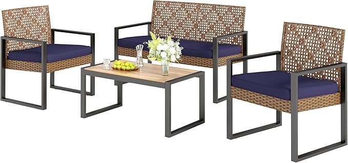 4 Pieces Patio Conversation Set, Wicker Outdoor Furniture Set for 4