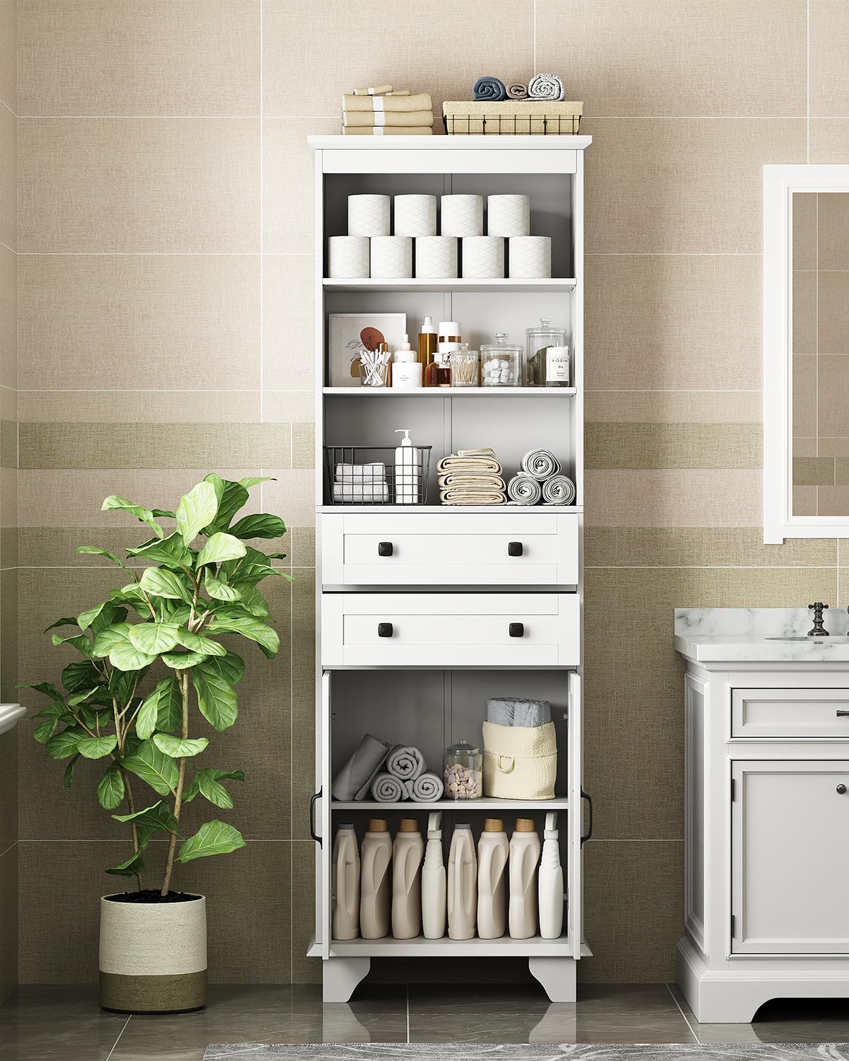72" Tall Bathroom Storage Cabinet, Farmhouse Storage Cabinet with 2 Drawers