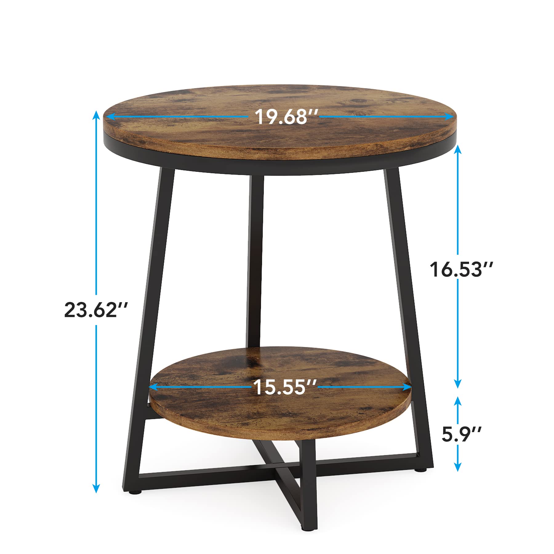 End Table, 2 Tier Round Side Table Accent Table for Living Room, Rustic Brown