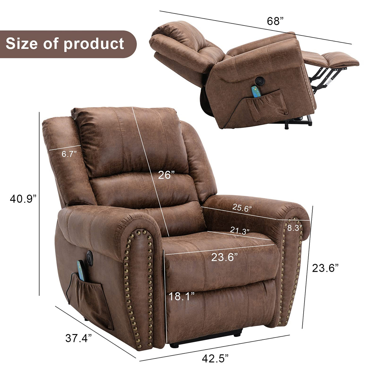 ANJ Large Power Lift Recliner Chairs with Massage and Heat Breathable Faux Leather Electric Lift Chairs for Elderly, Heavy Duty Big Man Recliners Power Reclining Chair with USB Port (Nut Brown)