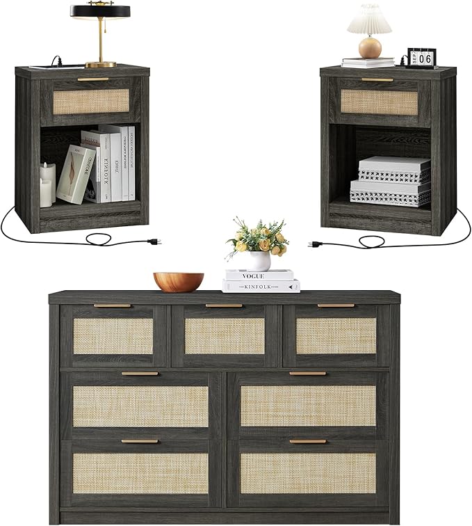 3 Piece Rattan Bedroom Sets Queen Size, Include Nightstand Set of 2