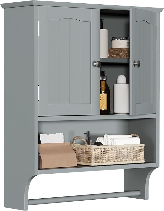 White Bathroom Cabinet Wall Mounted with Towels Bar, Bathroom Medicine Cabinet