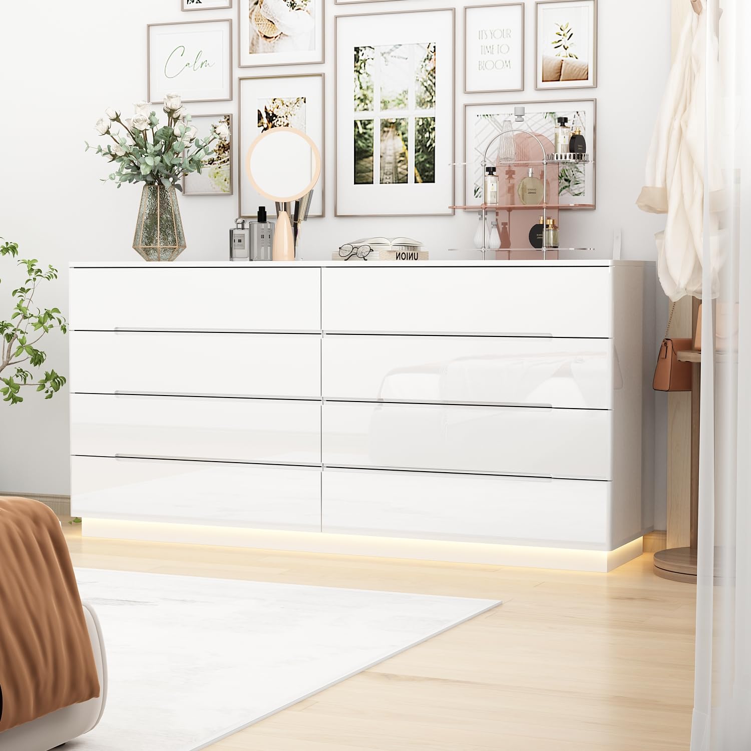High Gloss Dresser with Lights Chest of Drawers