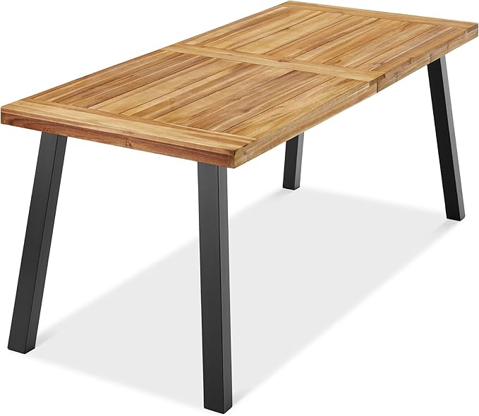 6-Person Acacia Wood Dining Table - Indoor Outdoor Picnic Table with Steel Legs