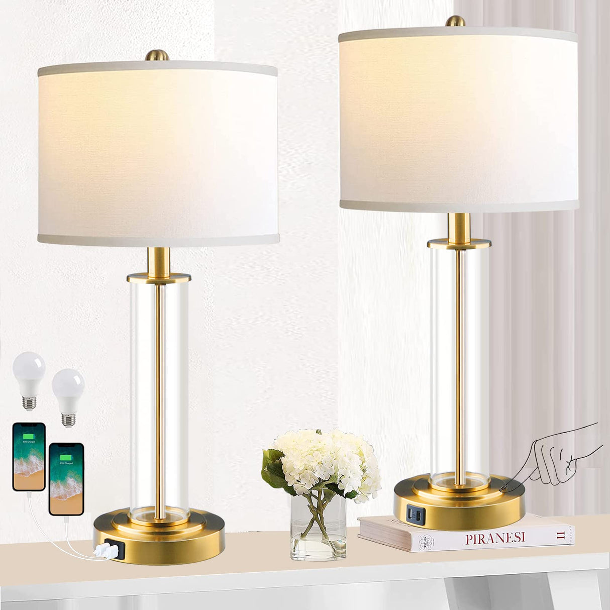 Lamps for Living Room,Touch Control Gold Lamps for Bedrooms Set of 2