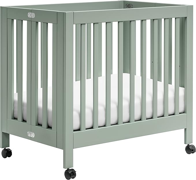 Origami Mini Portable Crib Folding with Wheels in White, 2 Adjustable Mattress Positions