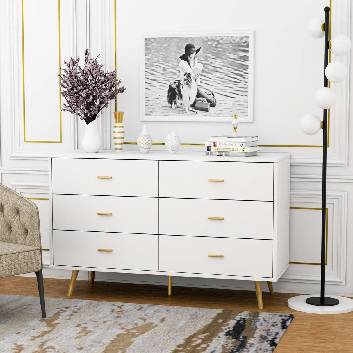White Dresser, 6 Drawer Dresser for Bedroom with Wide Drawers and Metal Handles