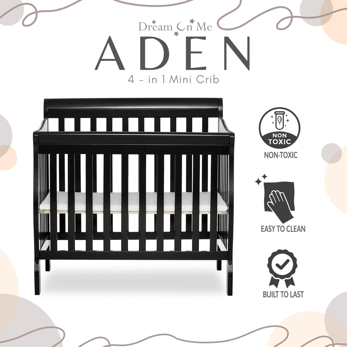 Aden 4-in-1 Convertible Mini Crib In Black, Greenguard Gold Certified, Non-Toxic Finish