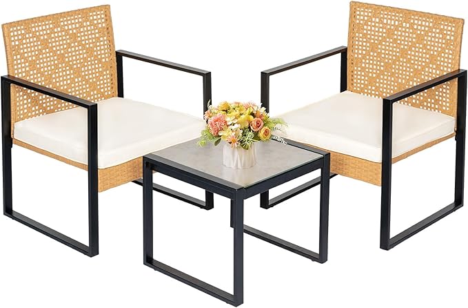 3 Piece Outdoor Wicker Furniture Patio Bistro Set, Balcony Furniture Rattan Conversation