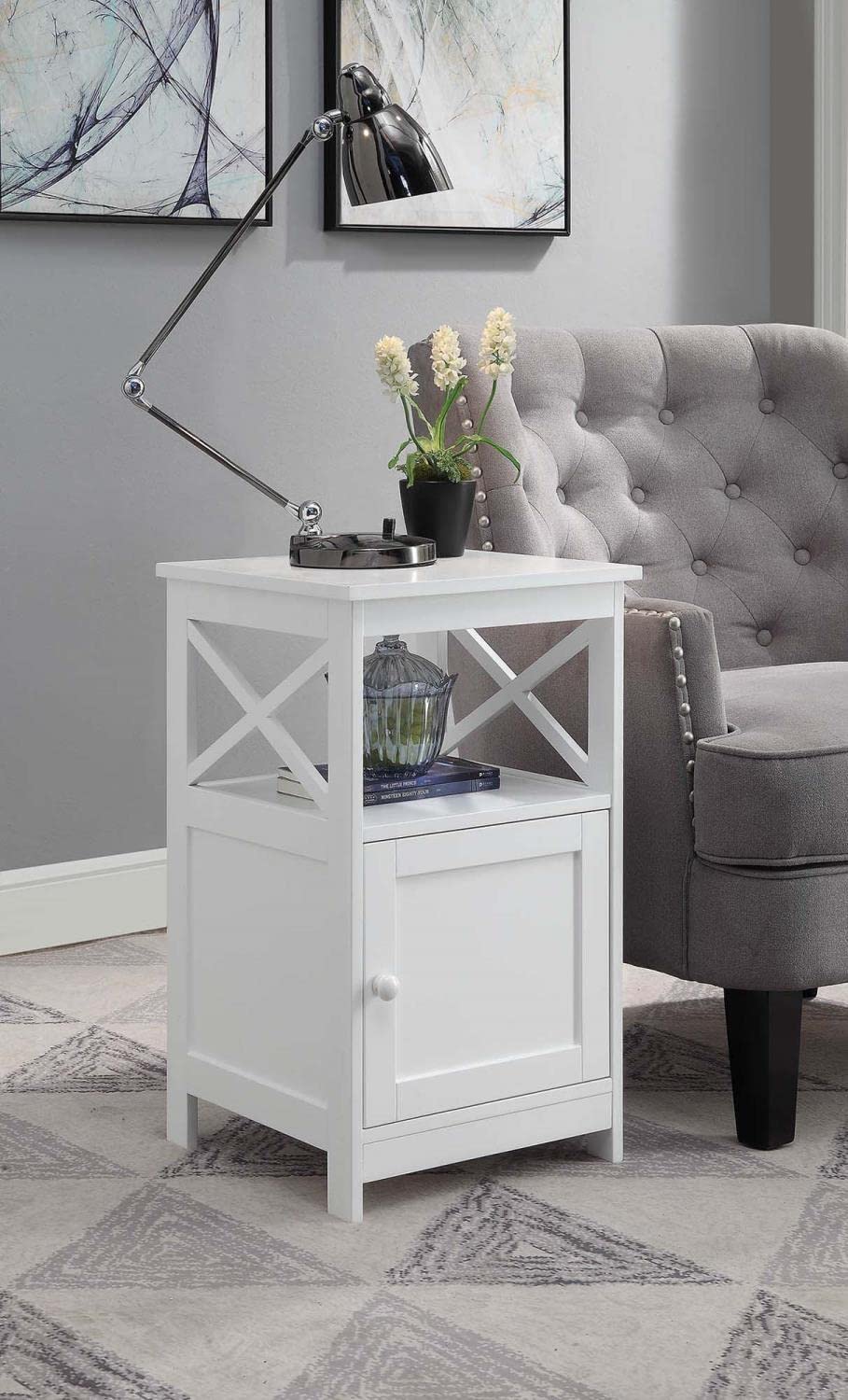Oxford End Table with Storage Cabinet and Shelf, White