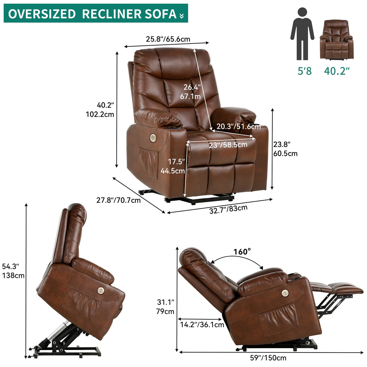 LiftEase Power Lift Recliner Chair with Massage, Heat, USB & Cup Holders