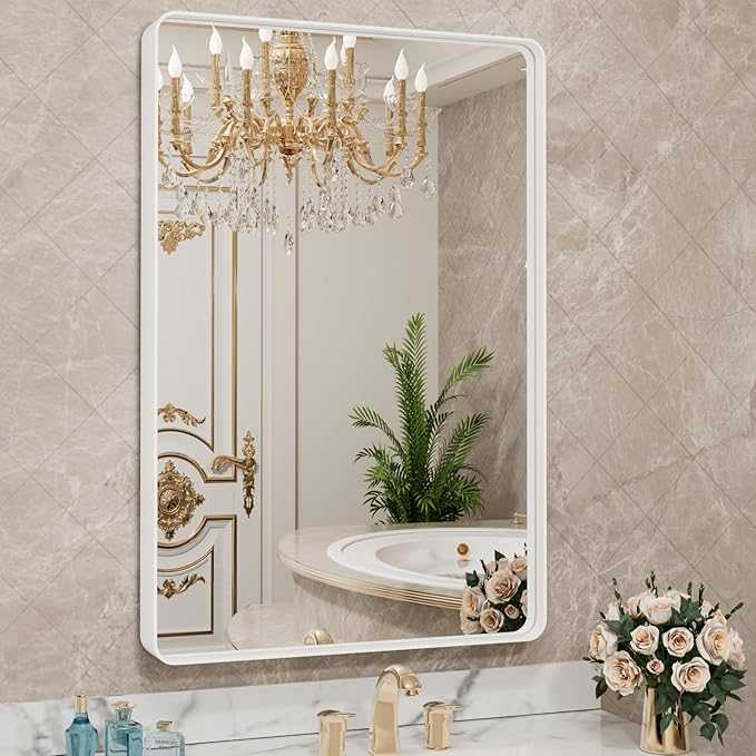 Bathroom Mirror, Rounded Rectangle Silver Metal Frame Mirror