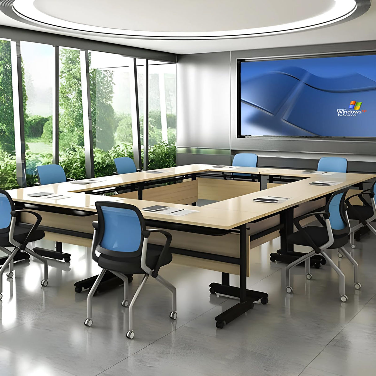 Table,Modern Wood Color Office Folding Flip Top Mobile Training Table with Chair 61"