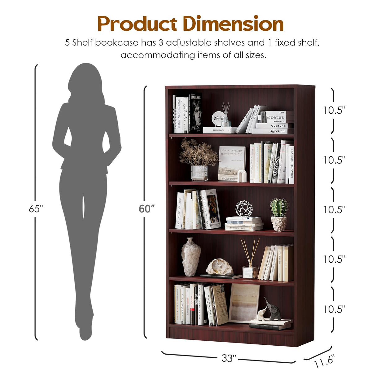 Soohow 5 Shelf Bookcase,60 Inch Wood Tall Bookshelves for Living Room,Mahogany