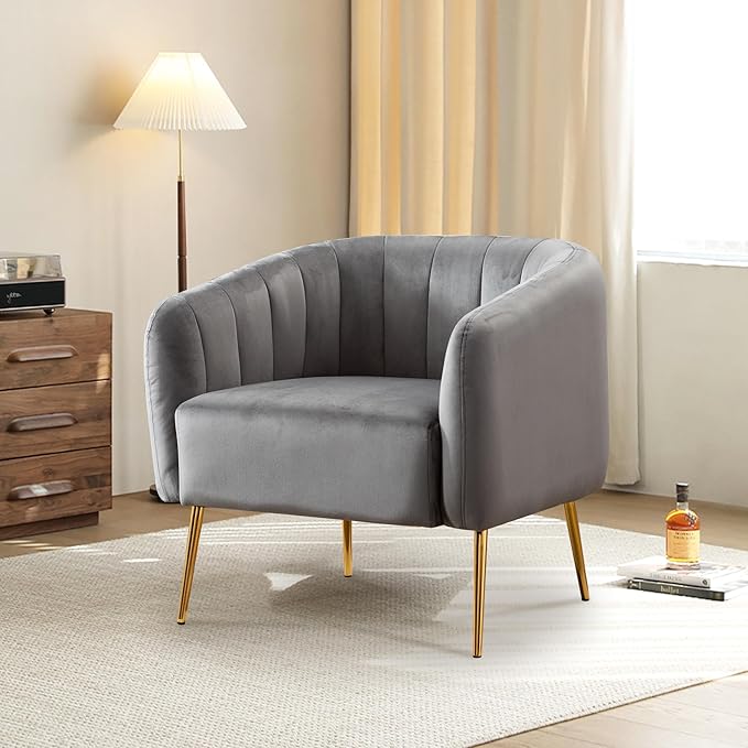 Comfy Velvet Accent Chair Armchair Barrel Chair with Gold Metal Legs Cozy Padded
