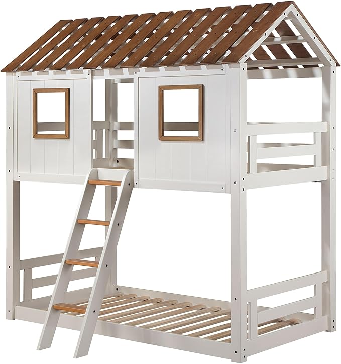 Inara Twin Over Twin Bunk Bed in White and Rustic Oak