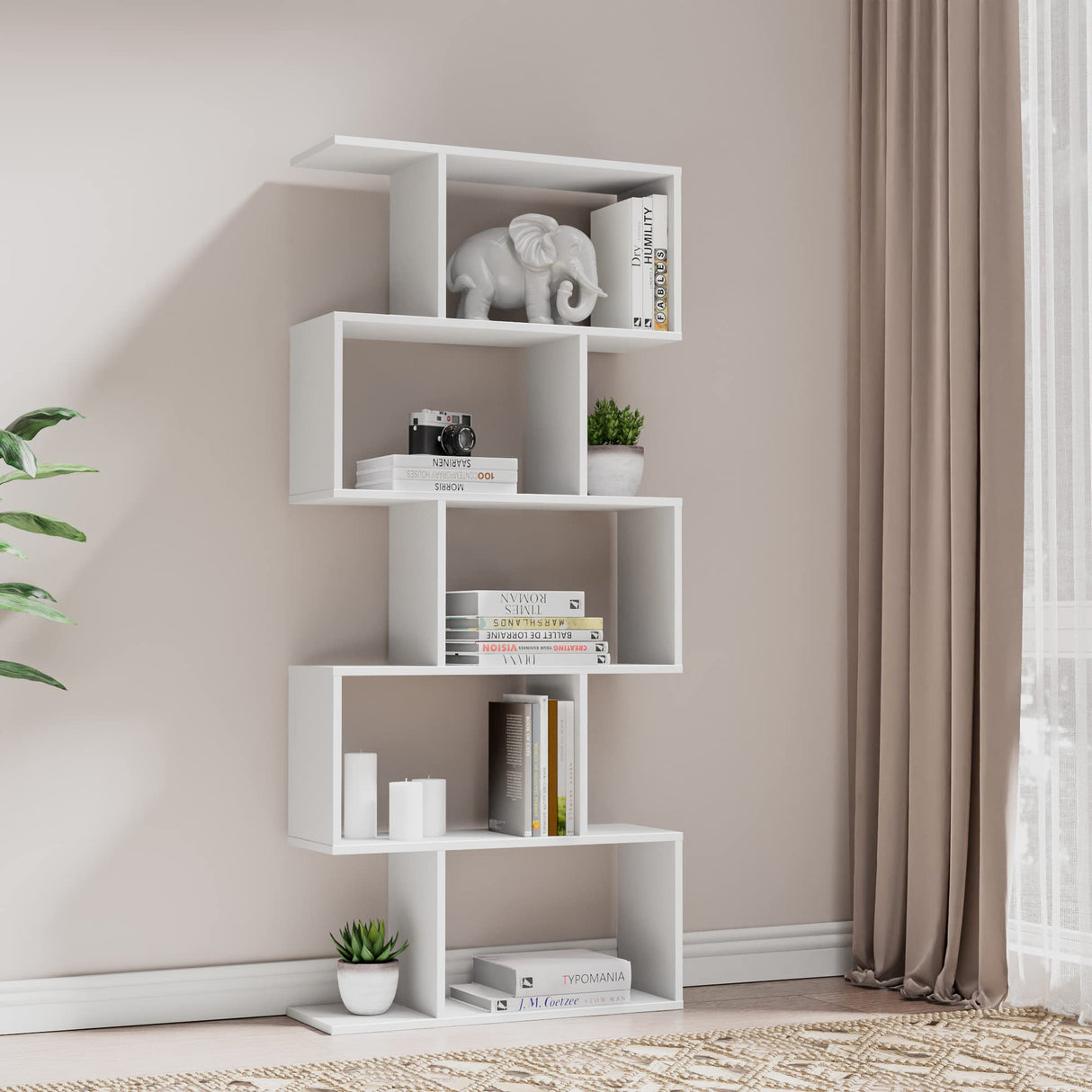 Set of 2 Geometric Bookcase, S-Shaped Modern Bookshelf, Room Divider Bookshelf, 62" Tall Unique Abstract Bookcase with 5-Tier Display Shelf for Living Room Office, White & Black