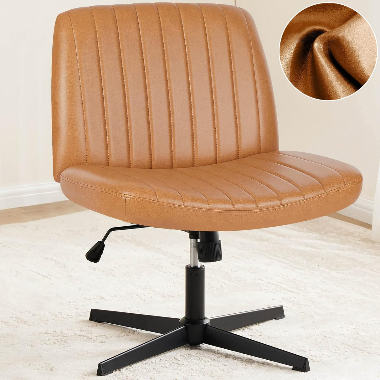 Legged Office Chair, Armless Wide Desk Chair No Wheels, Modern Home Office Desk Chair Swivel Adjustable Leather Vanity Chair