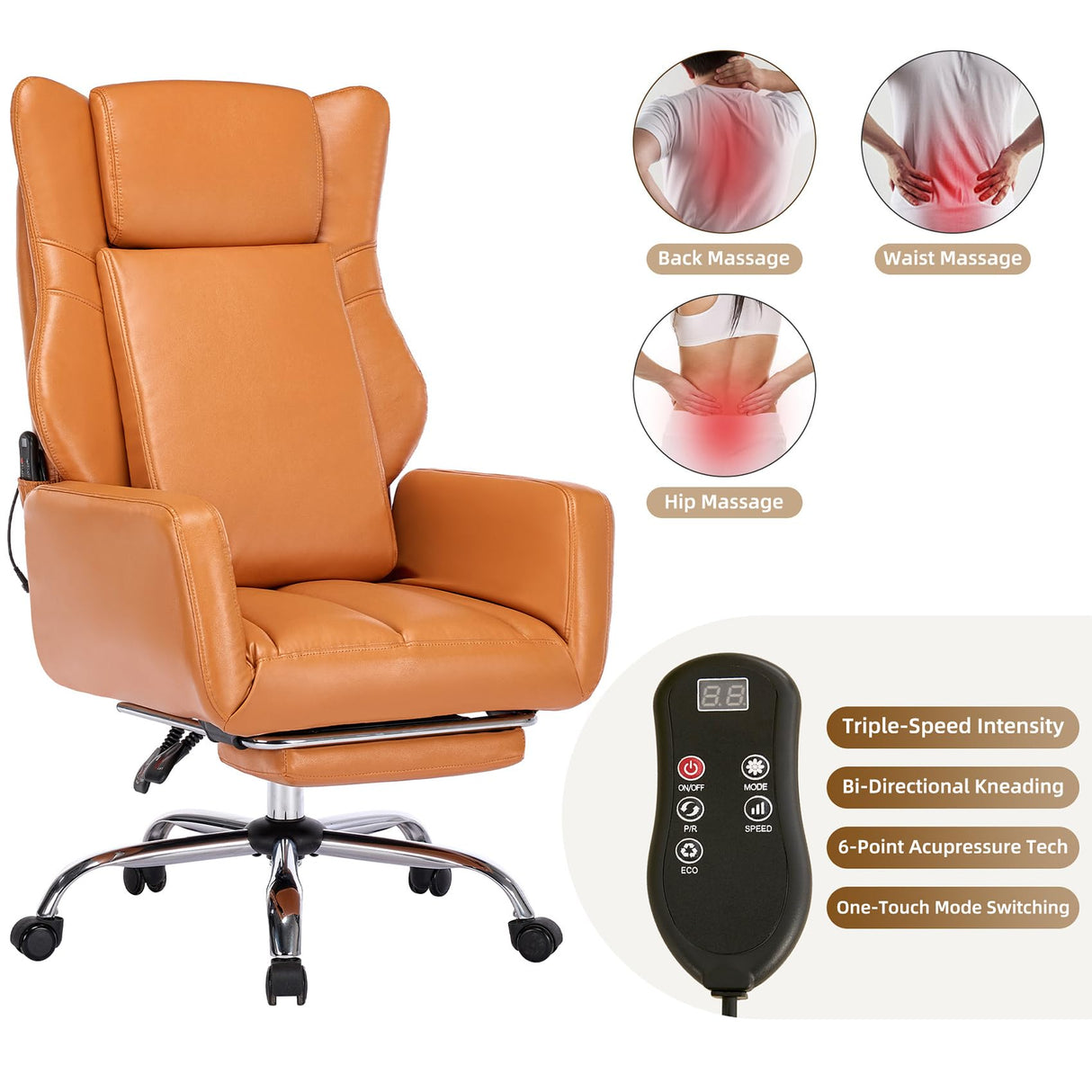 Orange Leather Office Chair with Massage and Footrest